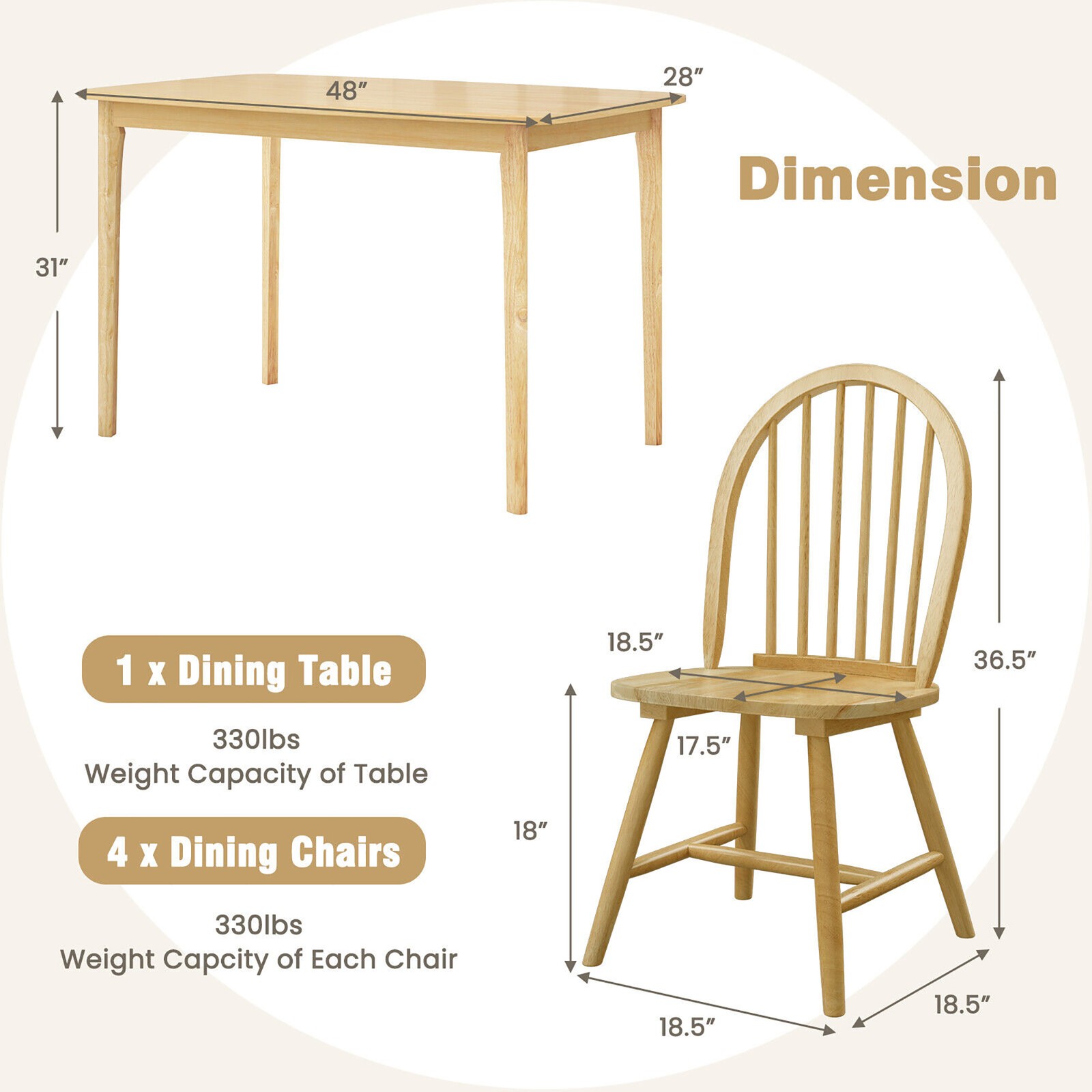5 PCS Wooden Dining Table Set 48" Rectangular Kitchen Table & 4 Windsor Chairs