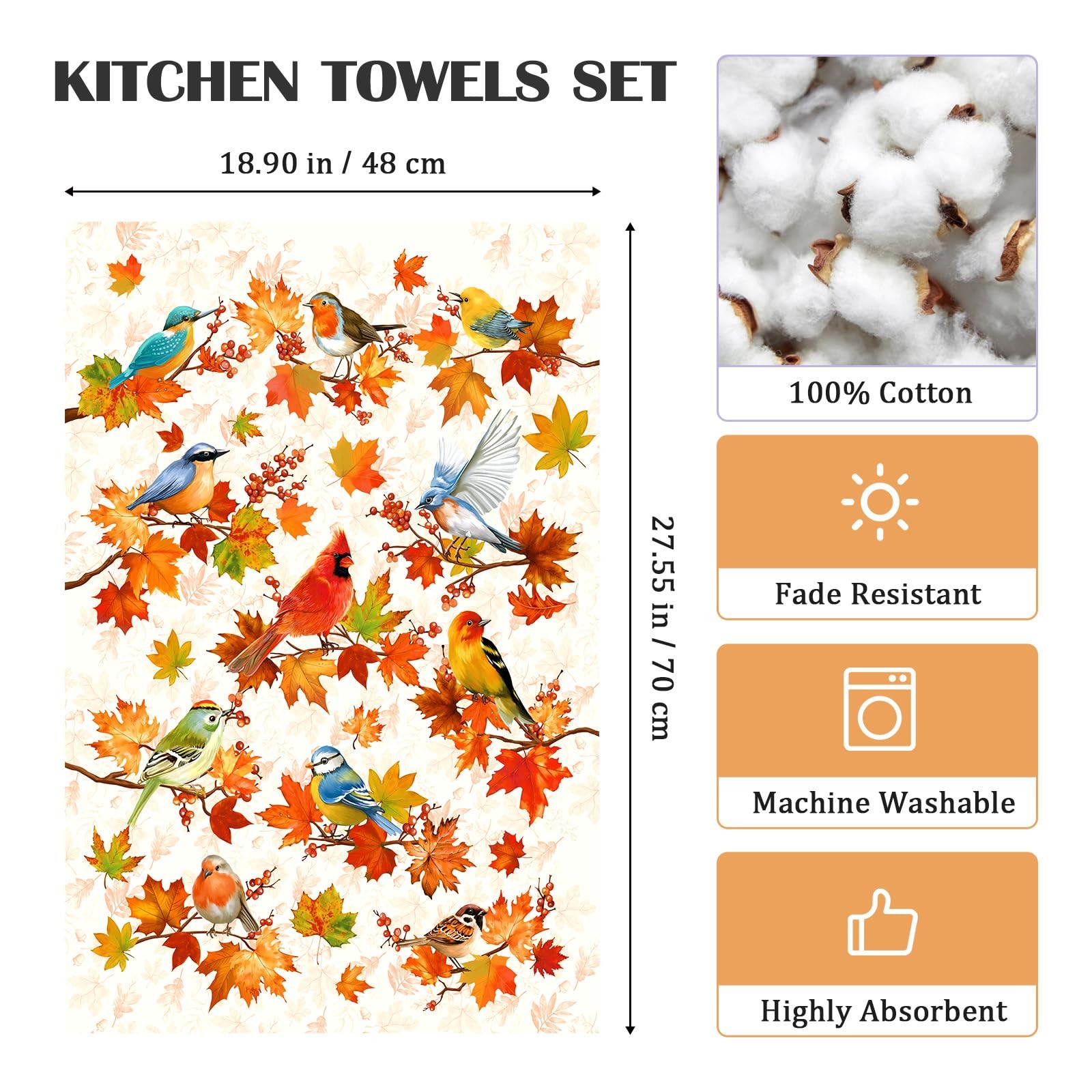 18.9x27.5 Inch Fall Bird Maple Leaf Cotton Kitchen Tea Towel Dish Cloth