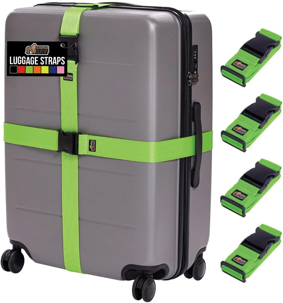 GORILLA GRIP Heavy Duty 4 Pack Adjustable Luggage Straps for Suitcases, Easy to