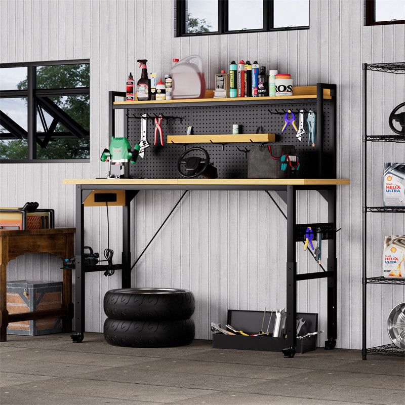 71'' Adjustable Workbench with Wheels Pegboard AC/USB Outlet Hooks Shelf 1600 lb