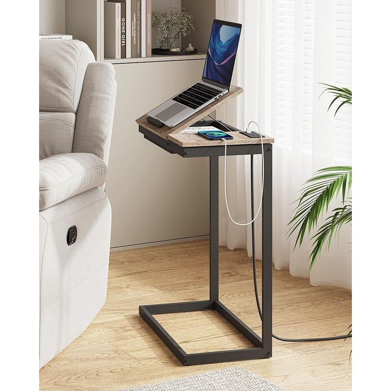 C Shaped End Table W/ Charging Station Adjustable Tilt Side Table USB Type-C