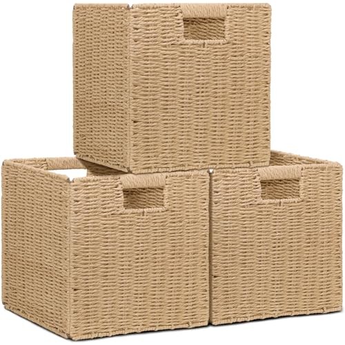 Wicker Storage Baskets for Organizing, 3 Pack Rustic Foldable Natural 11 inch