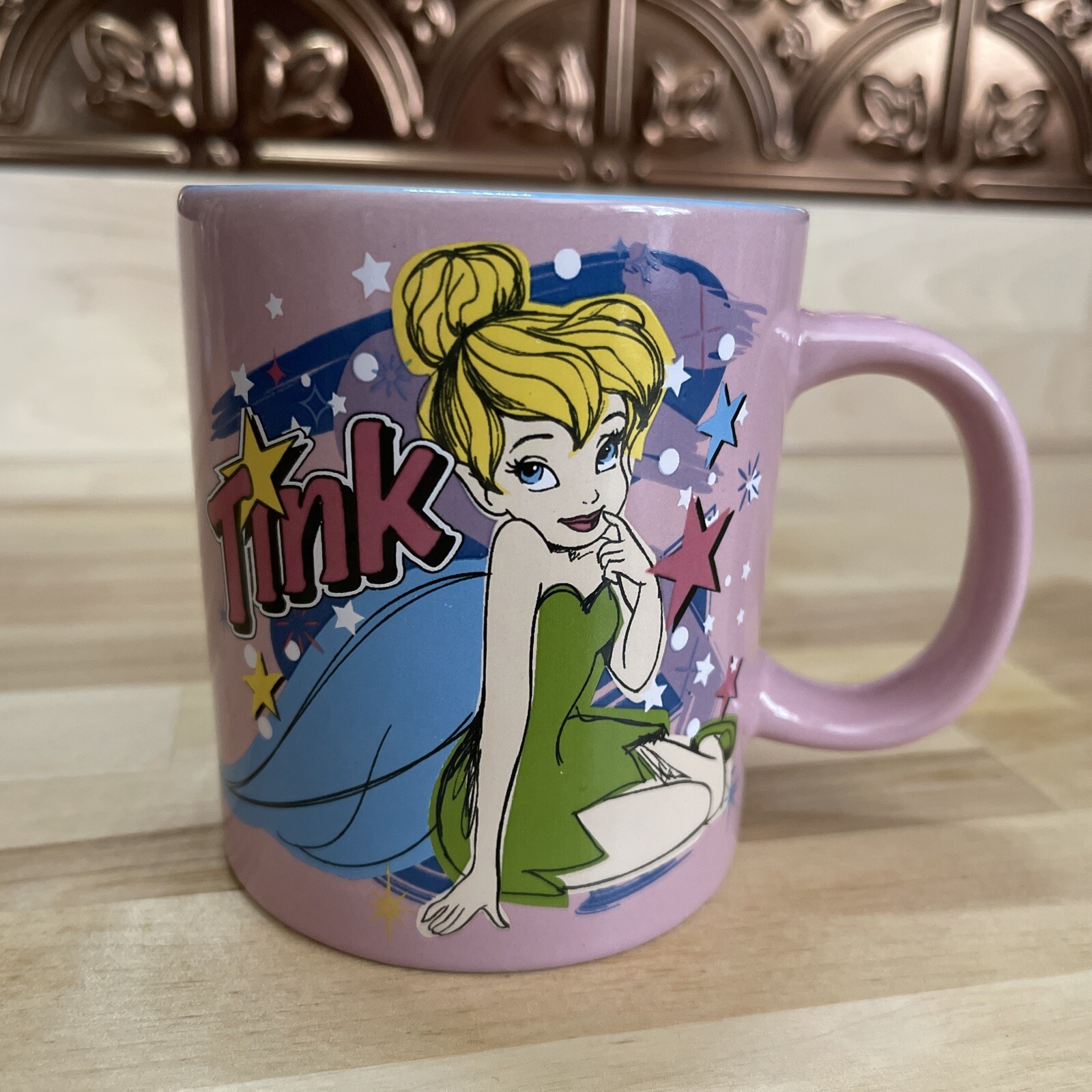 Retro Disney Tinkerbell Coffee Cup "Tink" 14 Oz Pink Blue Ceramic Mug 80's