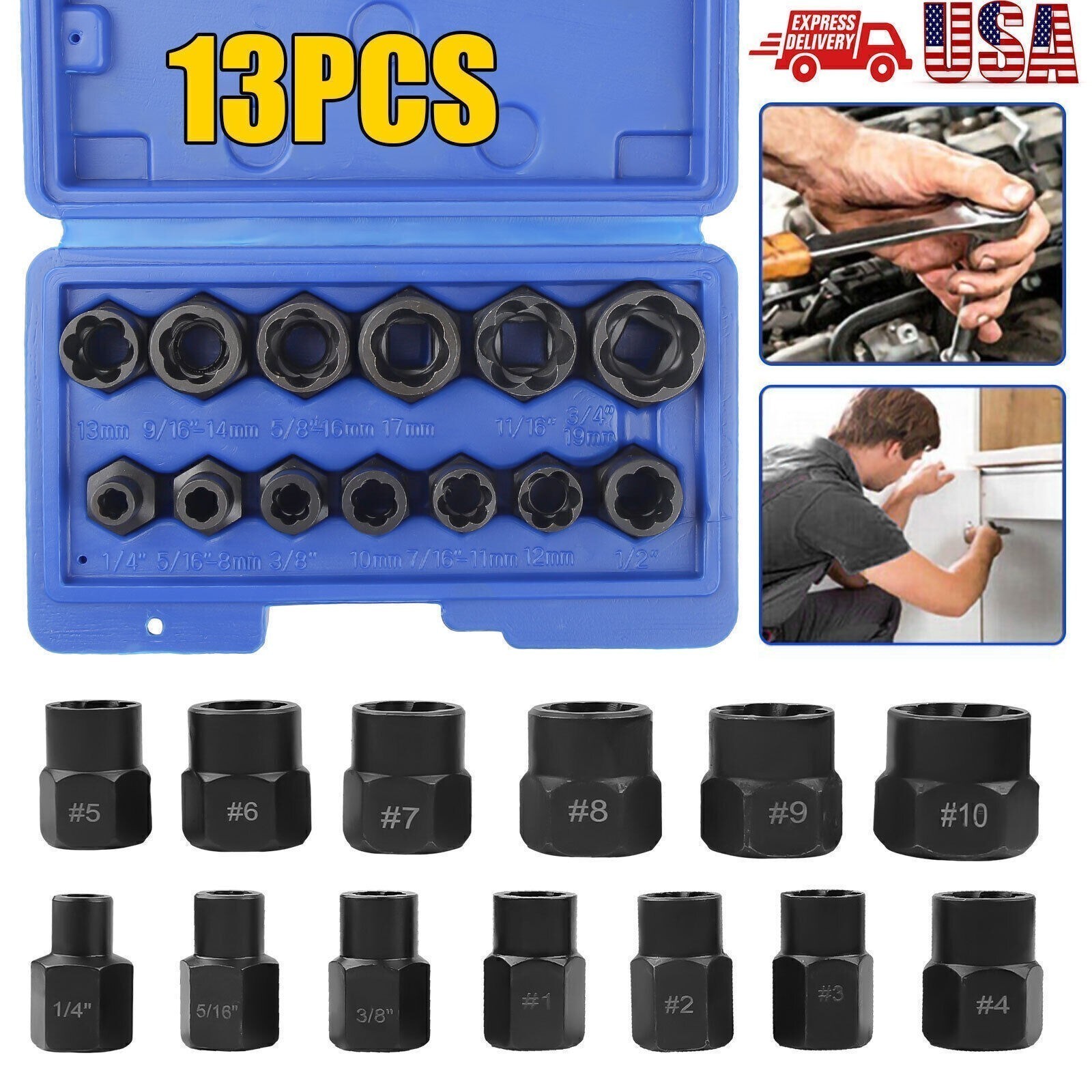 13PC Bolt Extractor Damaged Lug Nut Remover Twist Socket Extractor Tool 8-19MM .