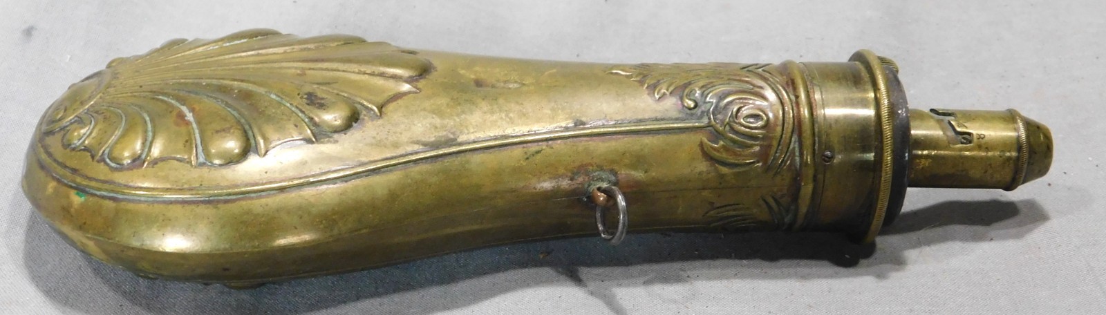 Antique Frary Benham & Co Brass Black Powder Flask Shell Pattern 1850 Adjustable
