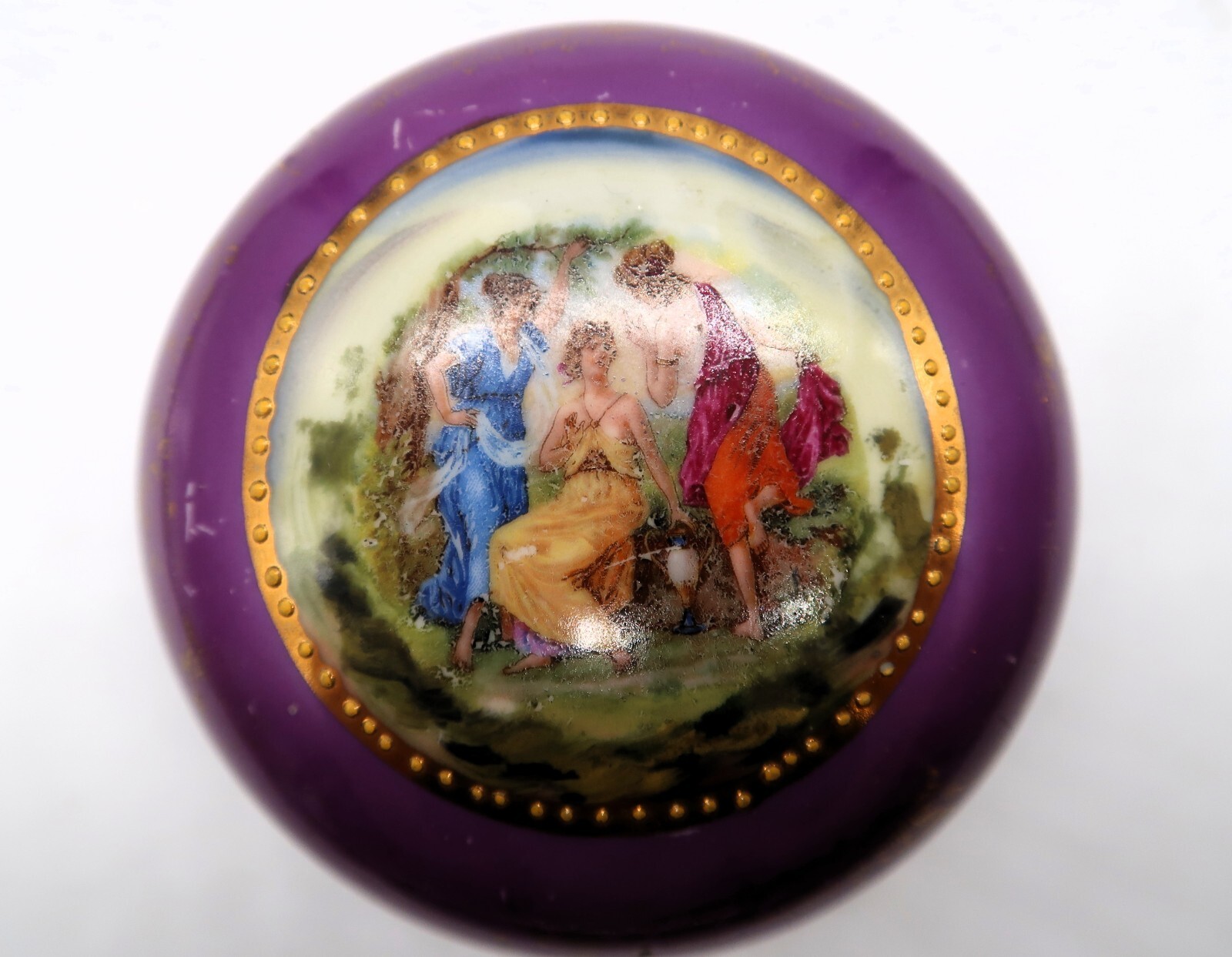 Vtg Porcelain Trinket Dish Women Friend Scene Purple Germany Gold Pattern Accent