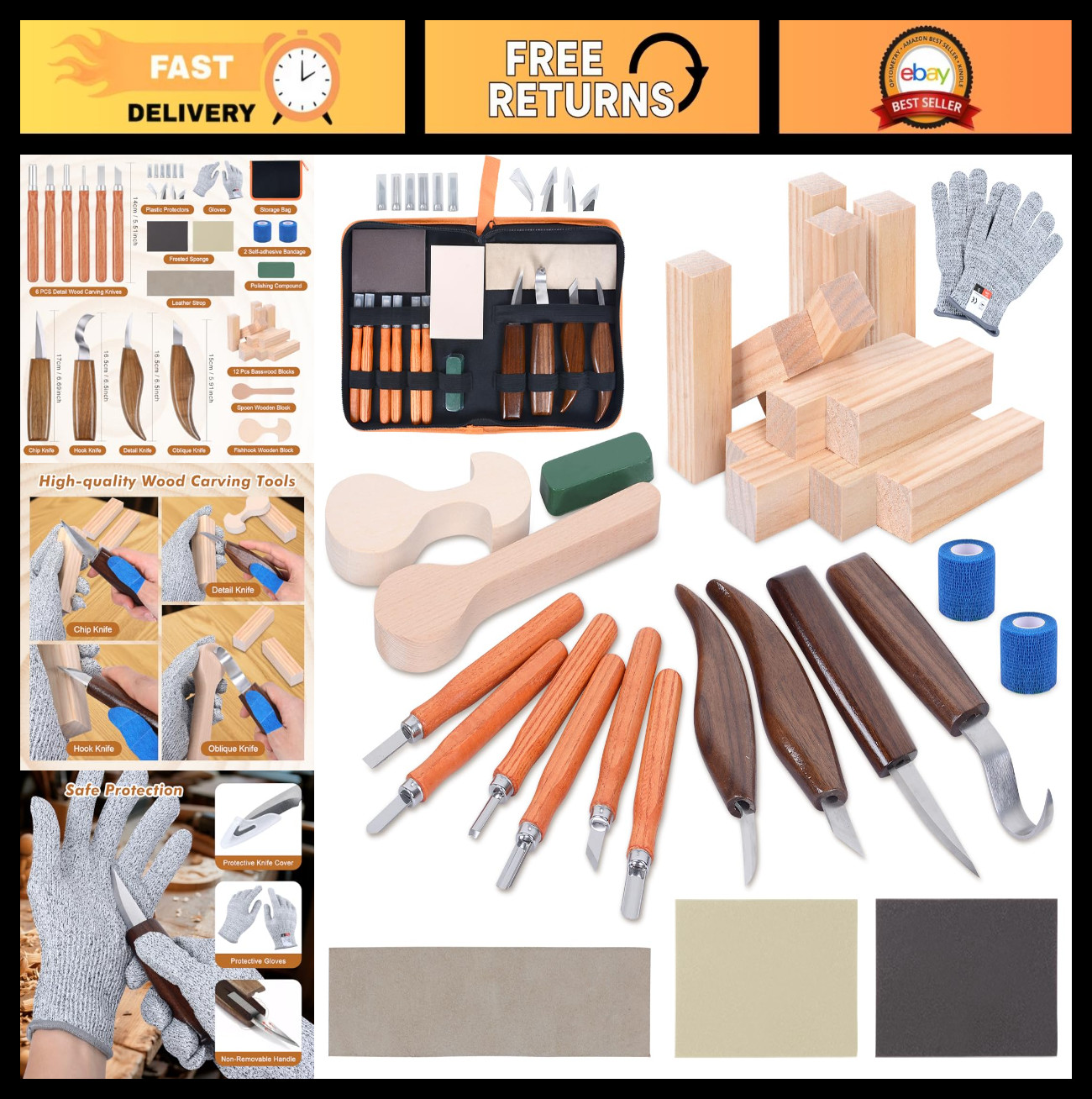 42pcs Wood Carving Tools Kit - Whittling Knife Set, Basswood Blocks, DIY Woodwor