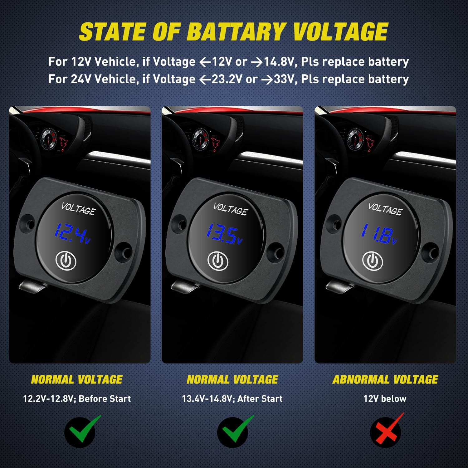 Nilight 12V LED Display Voltmeter with Touch Switch Blue w/Touch