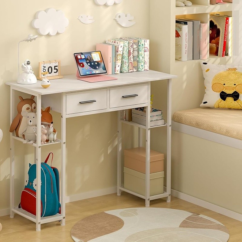 Modern Computer Desk W/ Storage Shelves Fabric Drawers Wood Metal Frame New