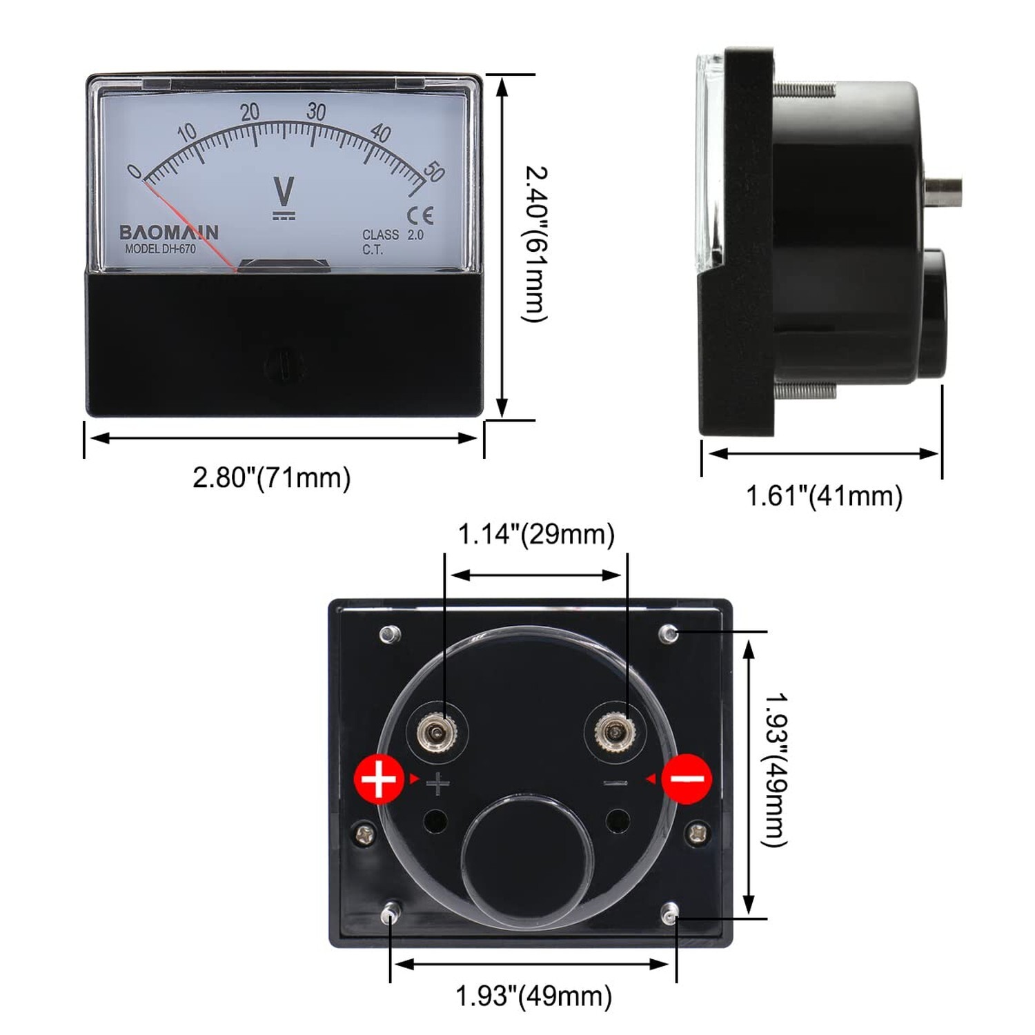 Baomain Voltmeter DH-670 DC 0-50V Rectangular Class 2.0 Analog Panel Volt Vol...