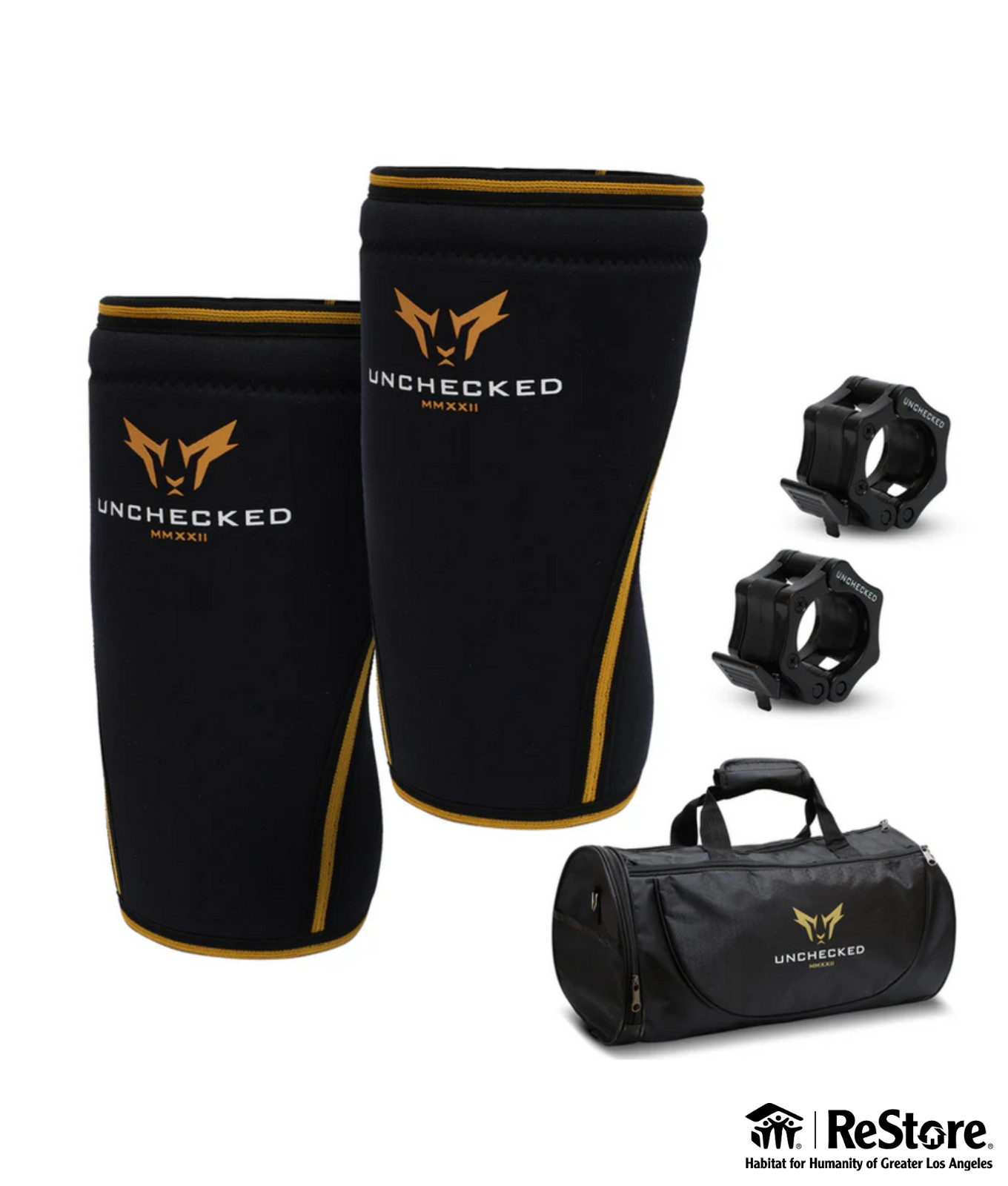 Unchecked Fitness Knee Sleeve Set (New) w/ Barbell Clamps & Gym Bag (Small)