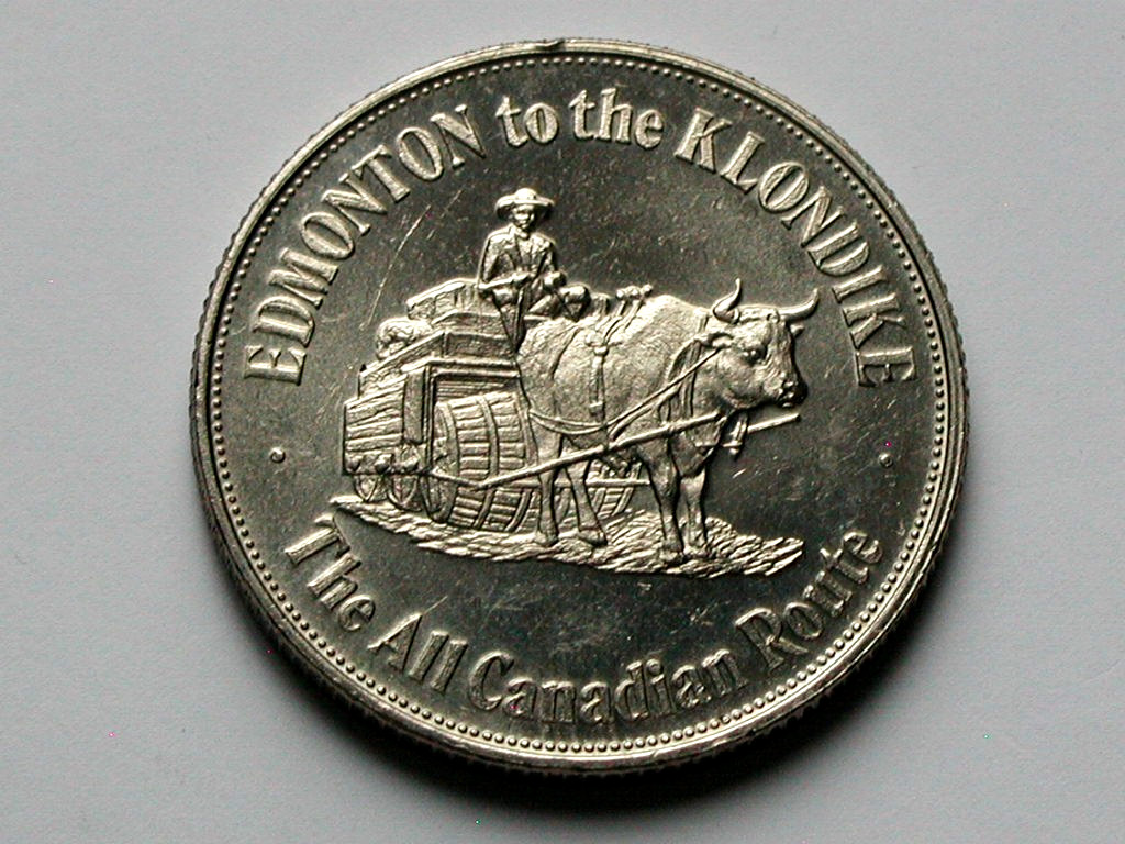 Edmonton AB CANADA 1977 Trade DOLLAR Token Overland Klondike Route & Oxen Wagon