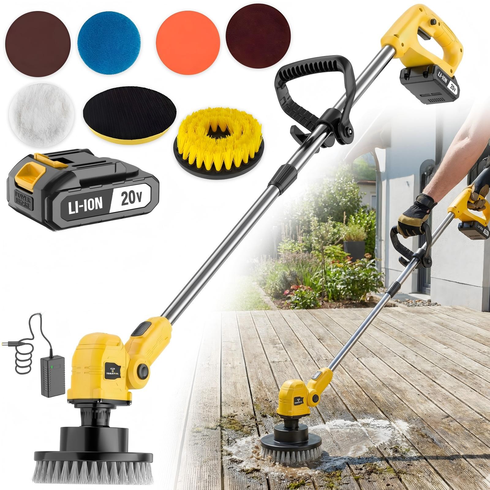 TEGATOK rotating floor cleaning brush, equipped with 1 battery and accessories
