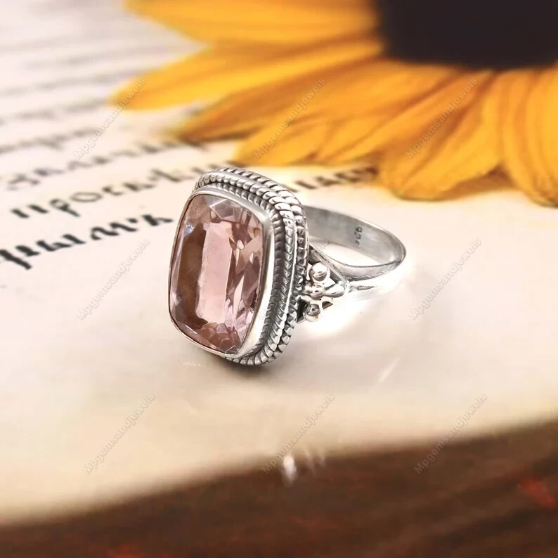 Rose Quartz Ring 925 Sterling Silver Band& Statement  Handmade  All Size