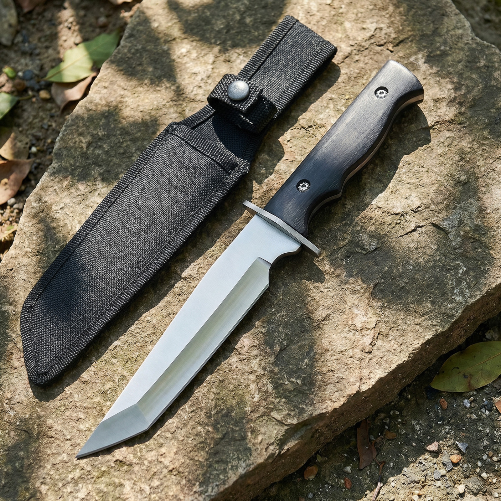 Tactical Fixed Blade Knife - Tanto Blade, Wood Handle for Camping & EDC