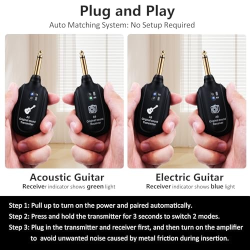 Wireless Guitar System UHF 2 Modes, Rechargeable Li-Battery, 100ft Range, A8