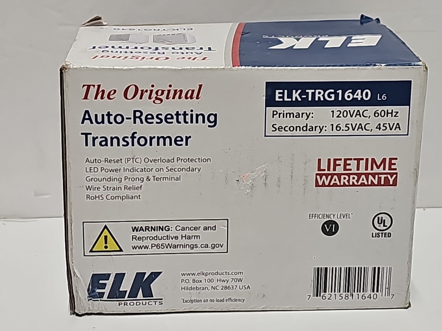 ELK Products Auto Resetting Transformer ELK-TRG1640 120VAC 60Hz 16.5VAC 45VA