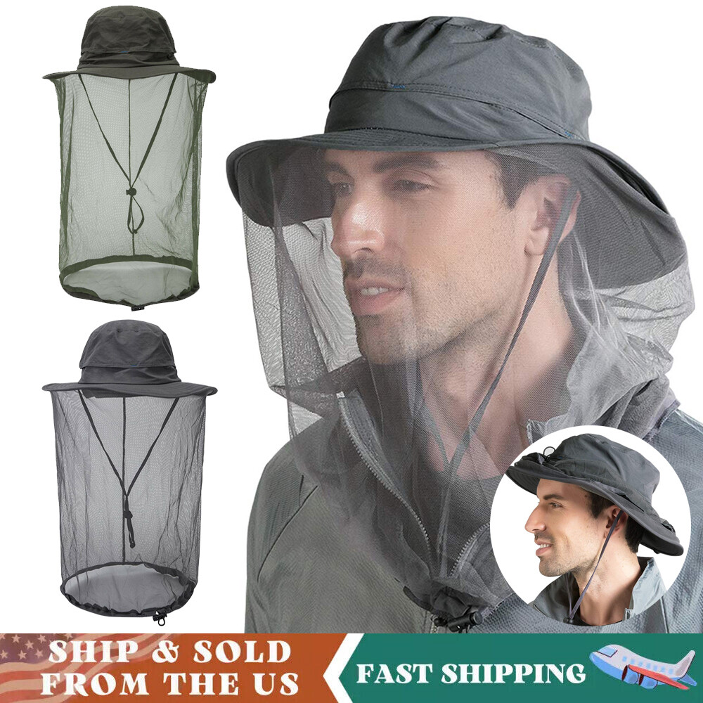 Mosquito Head Net Safari Hat UV Protection Bug Netting Boonie Hats for Men Women