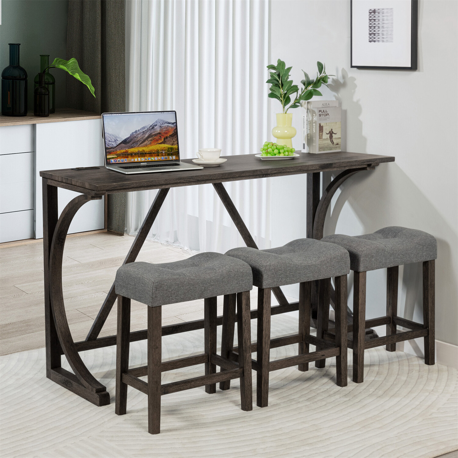 4 Piece Bar Table Set Counter Height Kitchen Dining Table w/ 3 Upholstered Stool