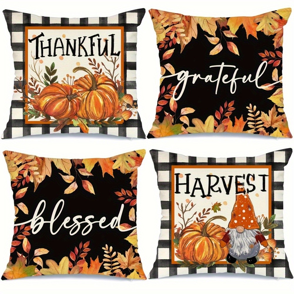 Thanksgiving Buffalo Check Pillow Covers Fall Pumpkin Leaves Farmhouse Indoor