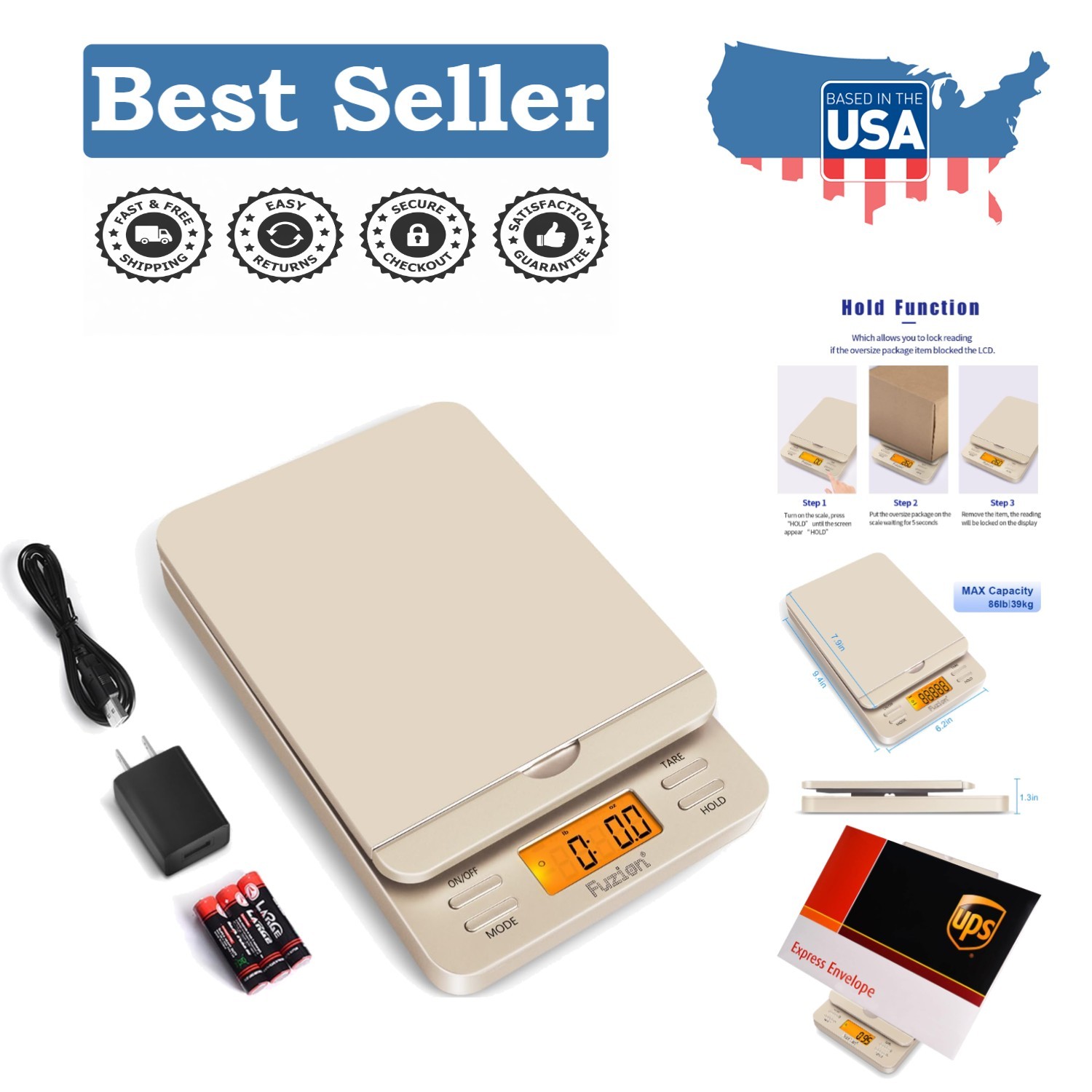 Versatile 86 lb Postage Scale with LCD Display & Tare Function for Easy Weighing