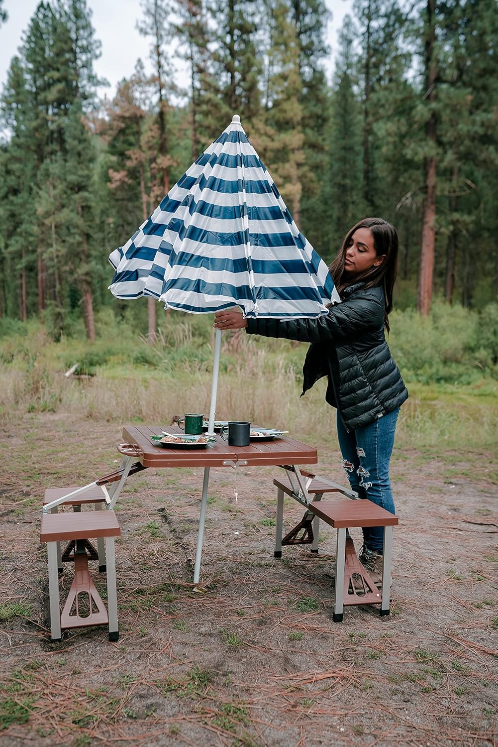 Picnic Table and Umbrella Combo - Brown