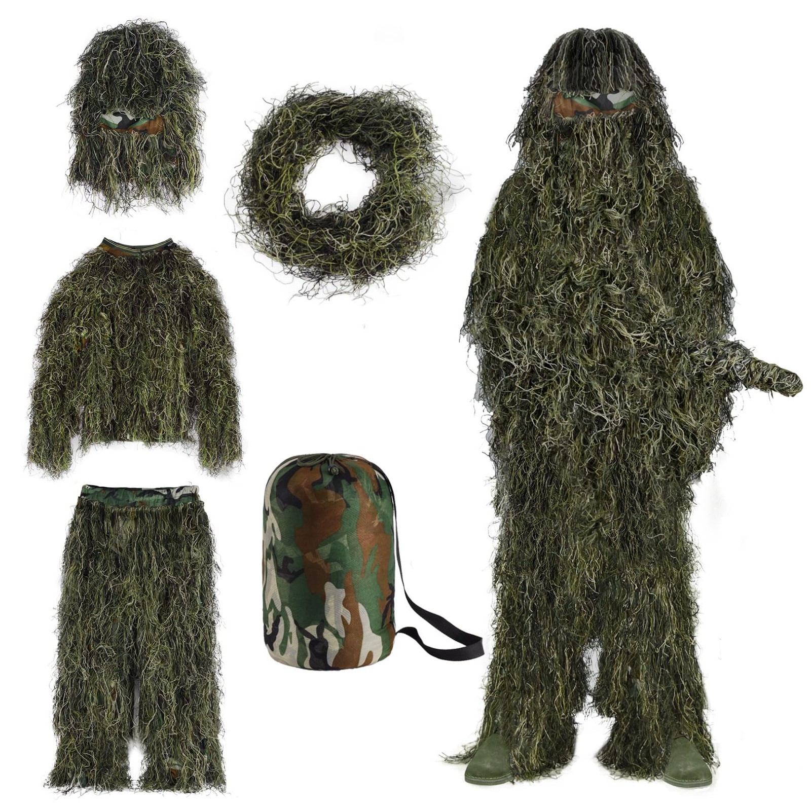 Slendor 3D Ghillie Suit for Hunting, 5-Piece Camo Set Small for Kids Woodland