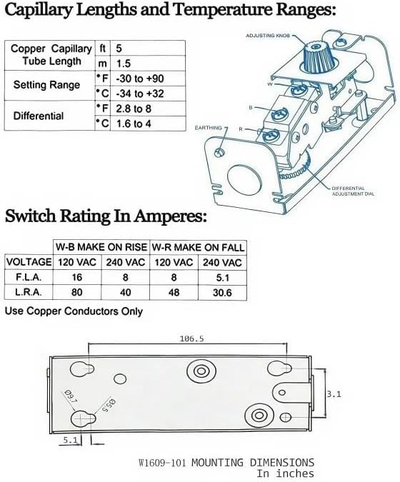 W1609-101 Temperature Controller Thermostat for Refrigeration 5 Ft Capillary