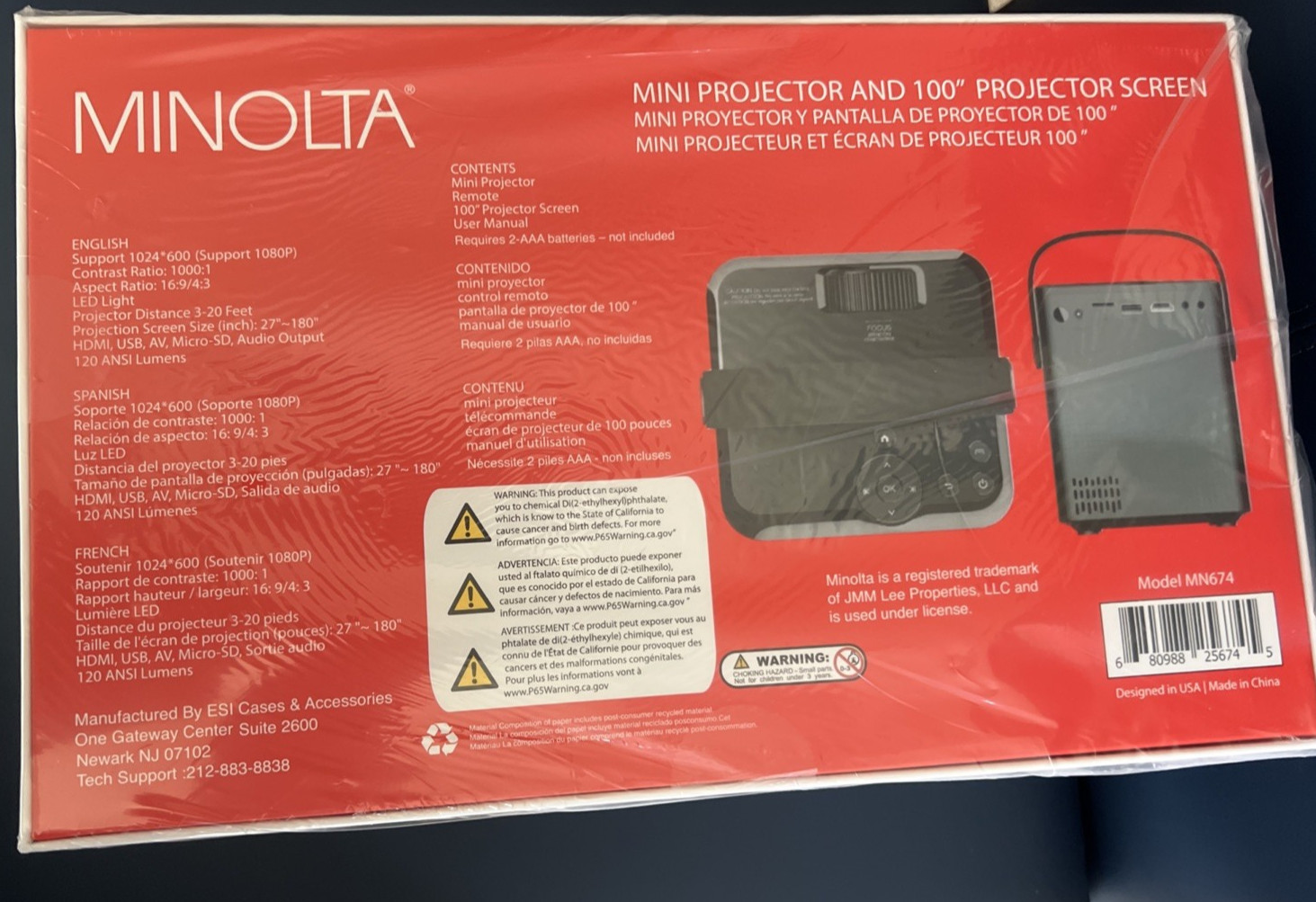 Minolta Mini Projector MN674 Bundle Pack with 100" Screen and Remote; New in Box