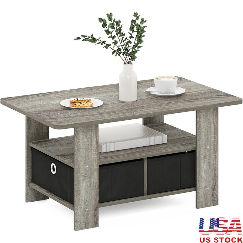 Compact Modern Coffee Table W/ Storage Open Shelf Bin Drawer Living Room Office