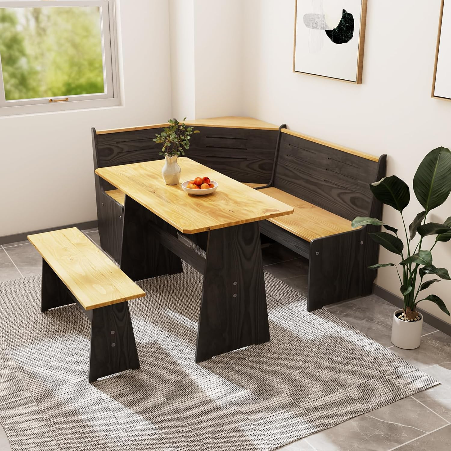 Solid Wood Corner Breakfast Nook Table Set for 4-6, Space Saving Black Booth