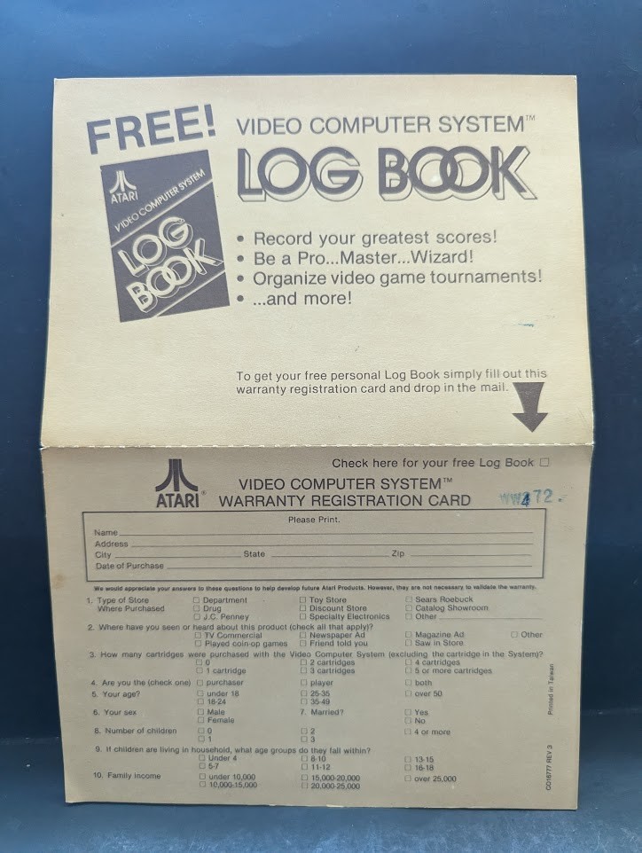 Atari 2600 Original Authentic  Paper insert System Warranty Registration Card