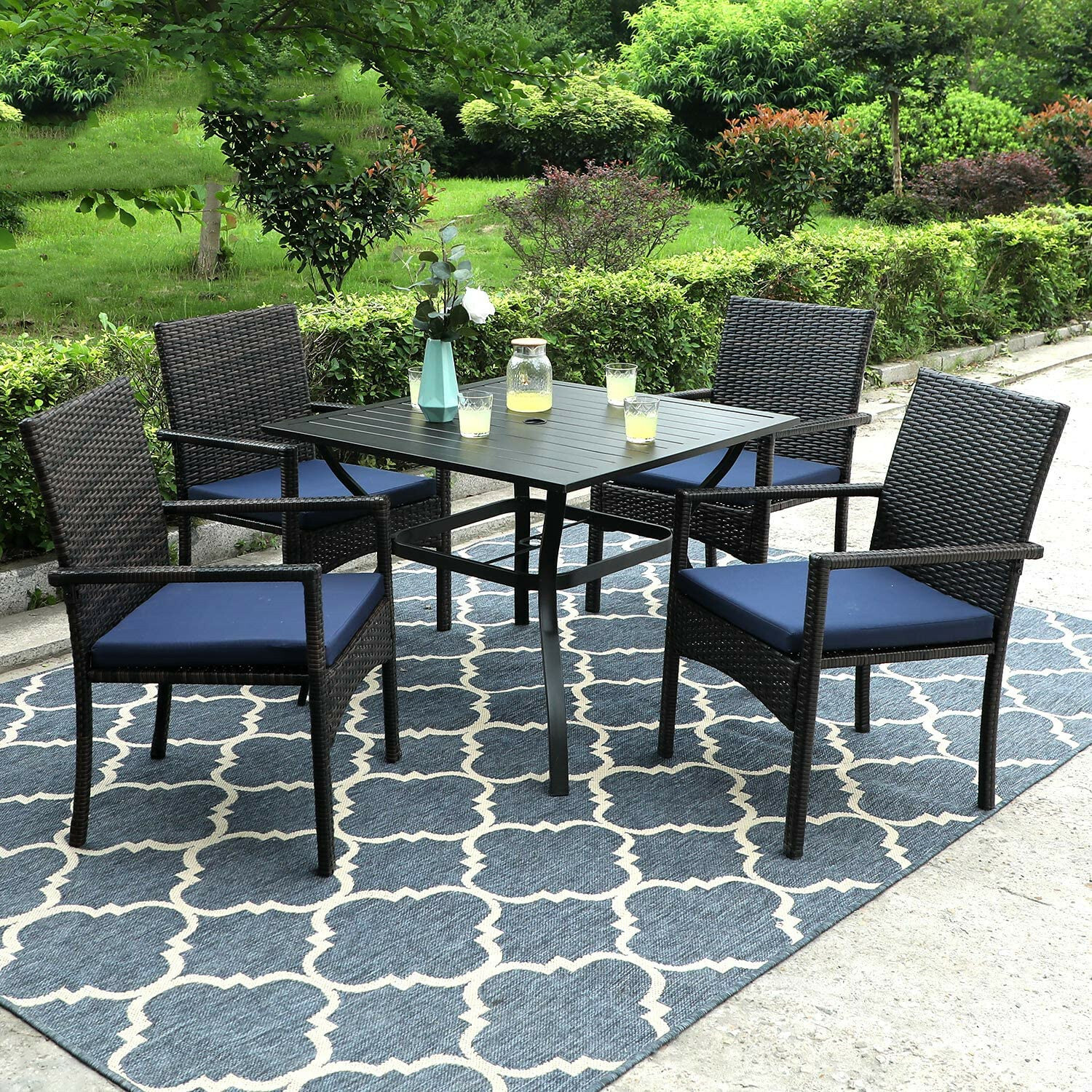 Rattan Furniture Sets Patio Chairs Metal Outdoor Table Square for 4 Person Party