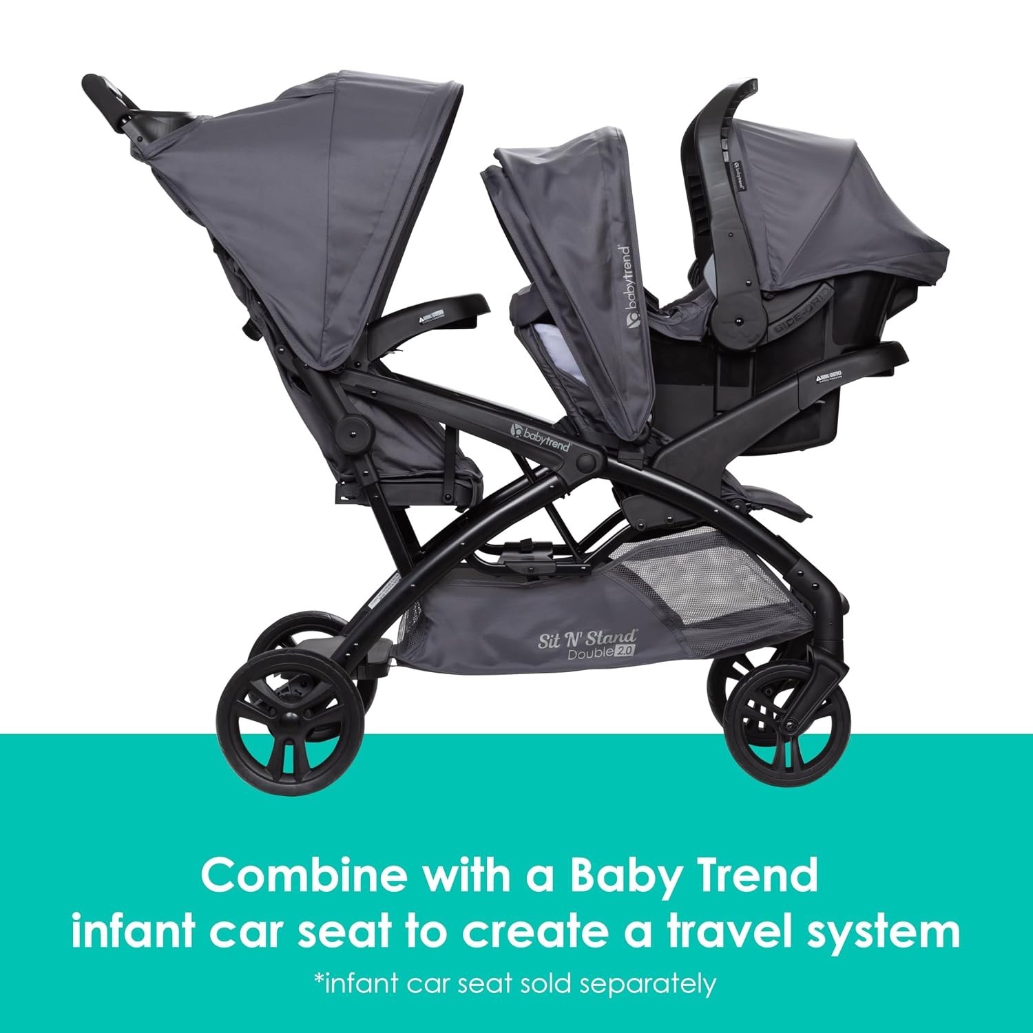 Sit N Stand Double Stroller Dash Grey Foldable Lightweight Travel Friendly