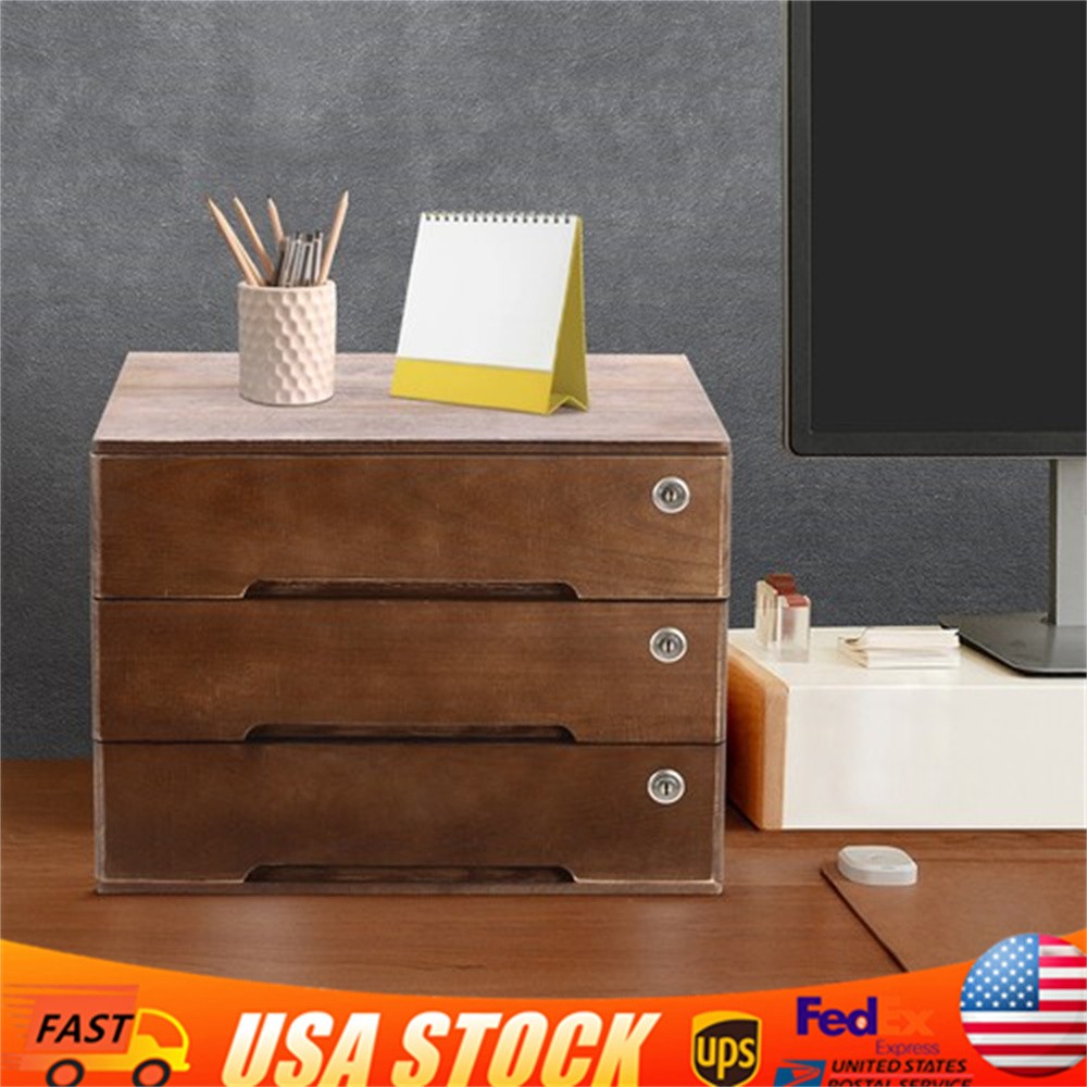 Vintage Wooden Desktop Storage Box Lockable 3-Drawer Office/Home Table Organizer