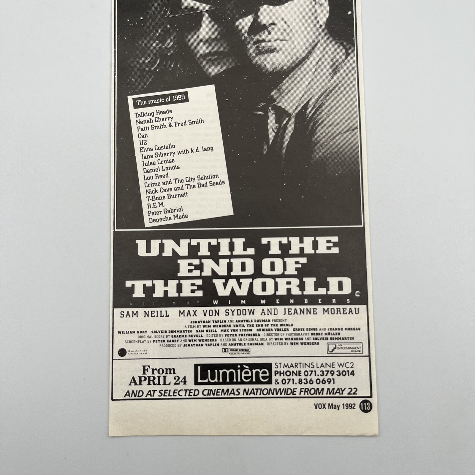 Until the End of the World 1992 UK Print Ad 4.5"x12.5" AD ONLY William Hurt