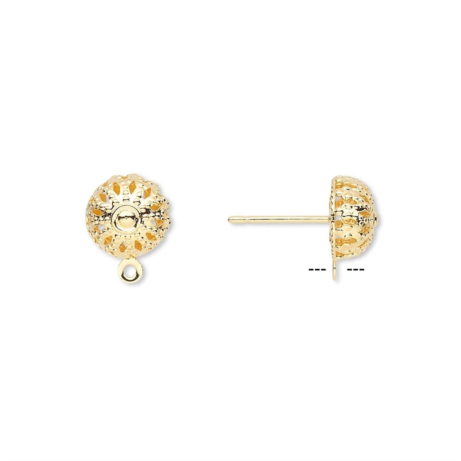 Gold 14K Plated 8mm Filigree Dome & Loop Ear Studs Earring Findings 2 pcs