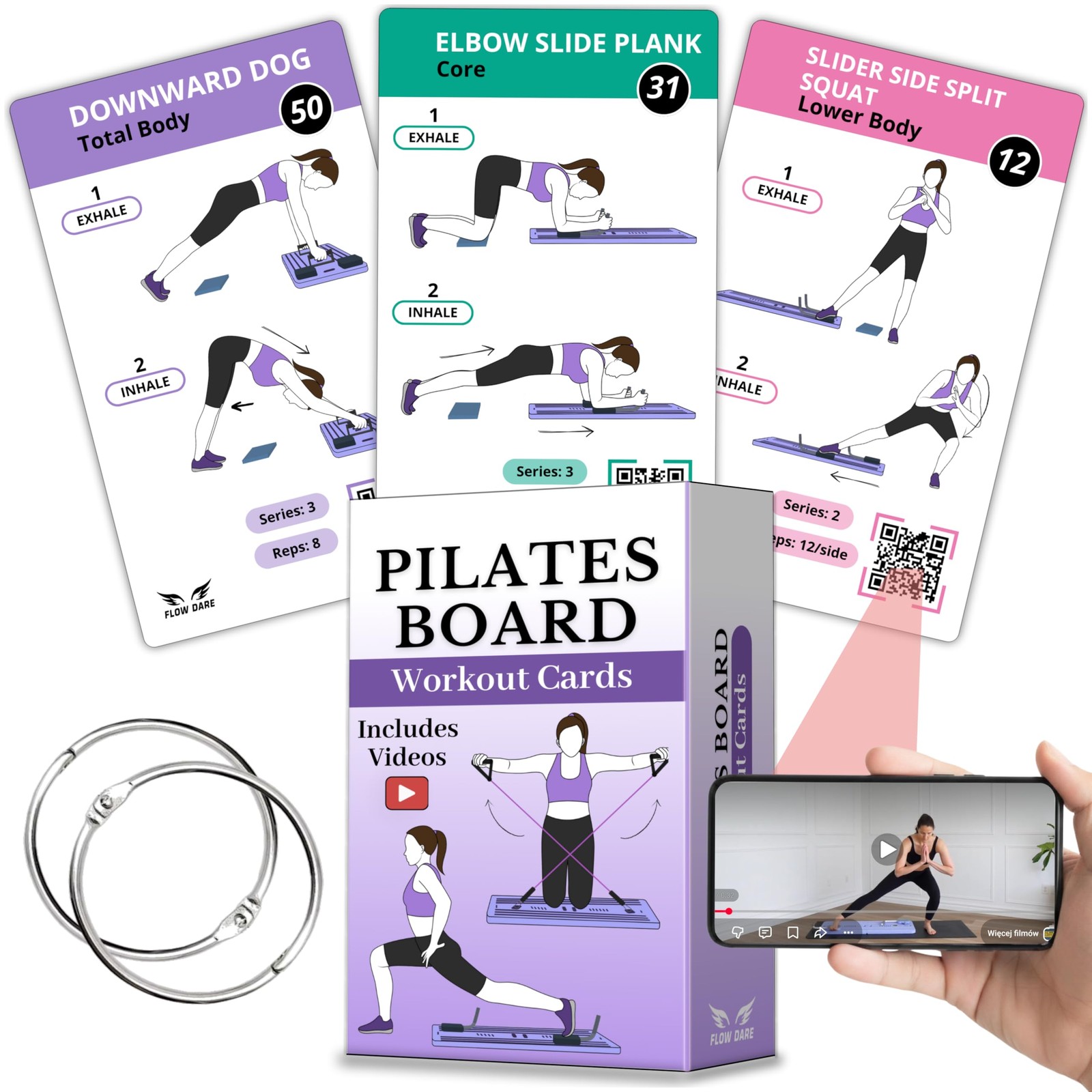 Pilates Board Workout Cards – 67 5 x 3 inches, pink, blue, green, purple