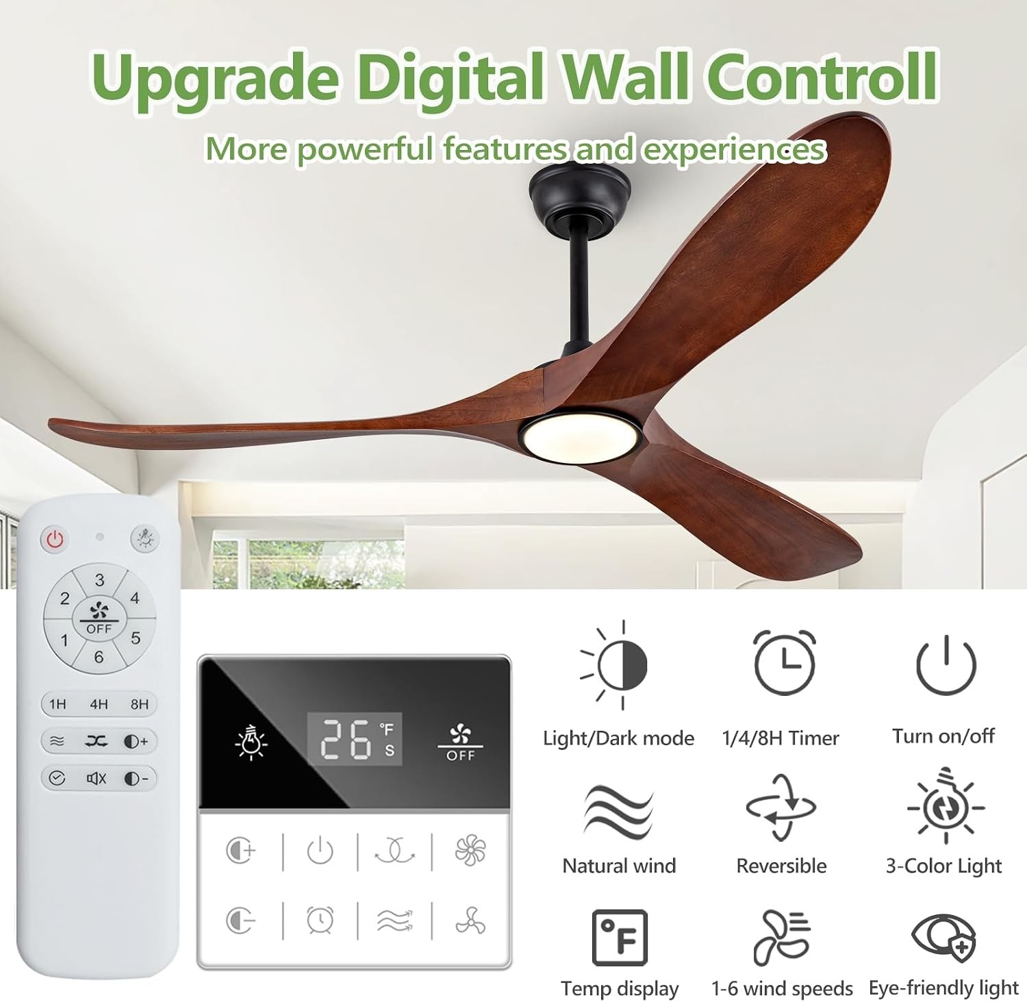 60" Solid Wood Low Profile Ceiling Fan with Lights Remote Control 6 Speeds Quiet