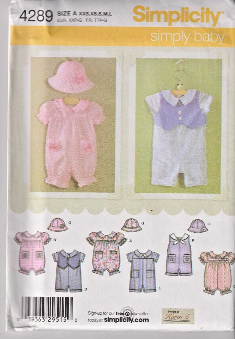 4289 SIMPLICITY - ROMPER & HAT - Infant Sz XXS/XS/S/M/L