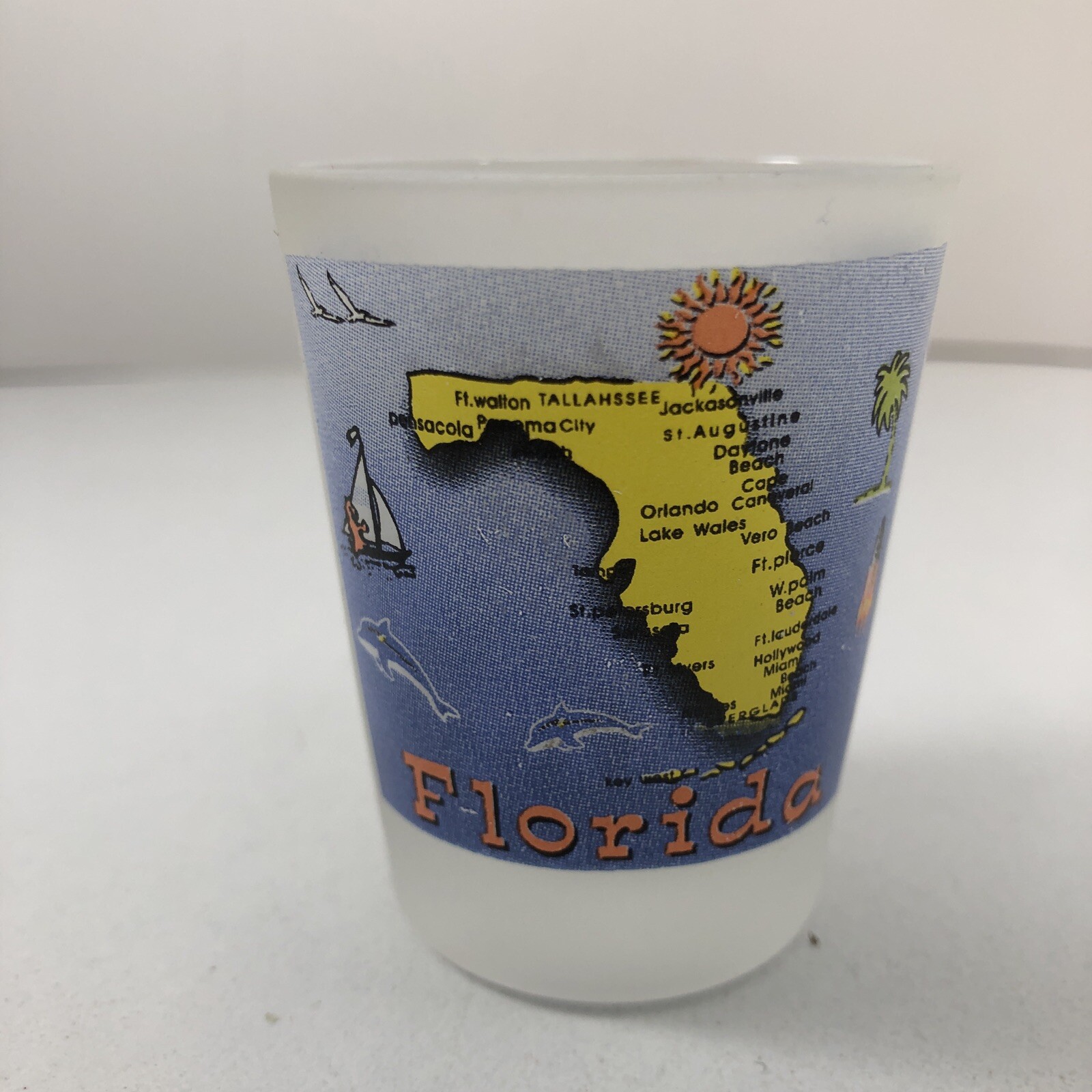 Florida souvenir FROSTED shot glass with Florida State Map with highlights