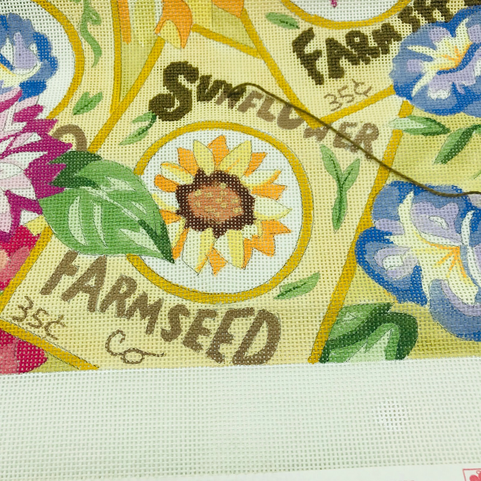Hand Painted Needlepoint Canvas Seed Packets Flowers Sun Zinnia Morning Glory