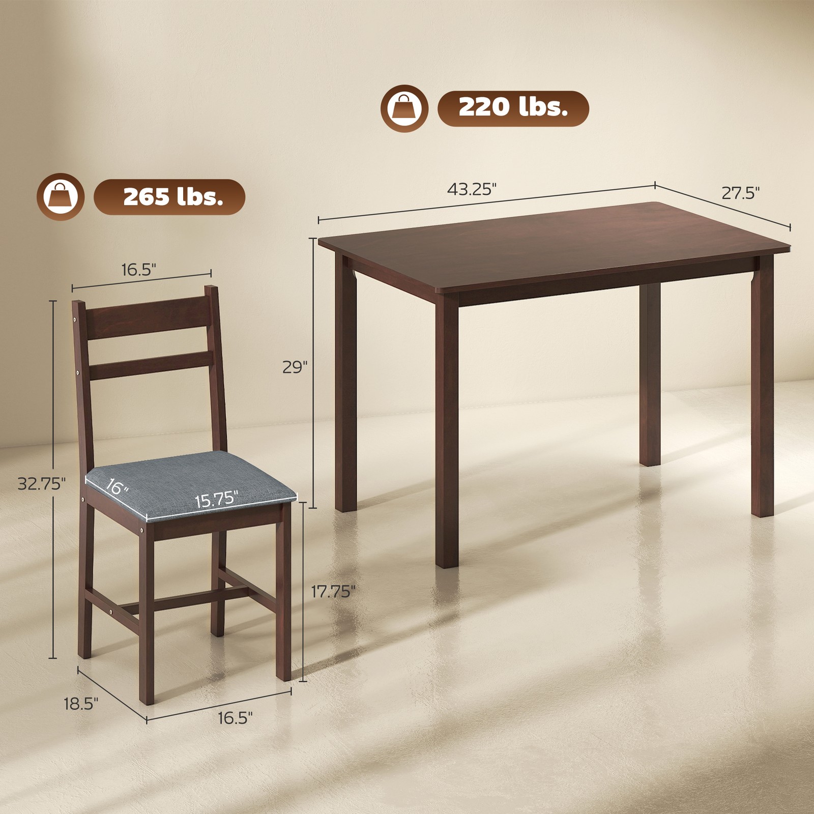 5-Piece Dining Table Set for 4, Kitchen Table and Chairs, Walnut