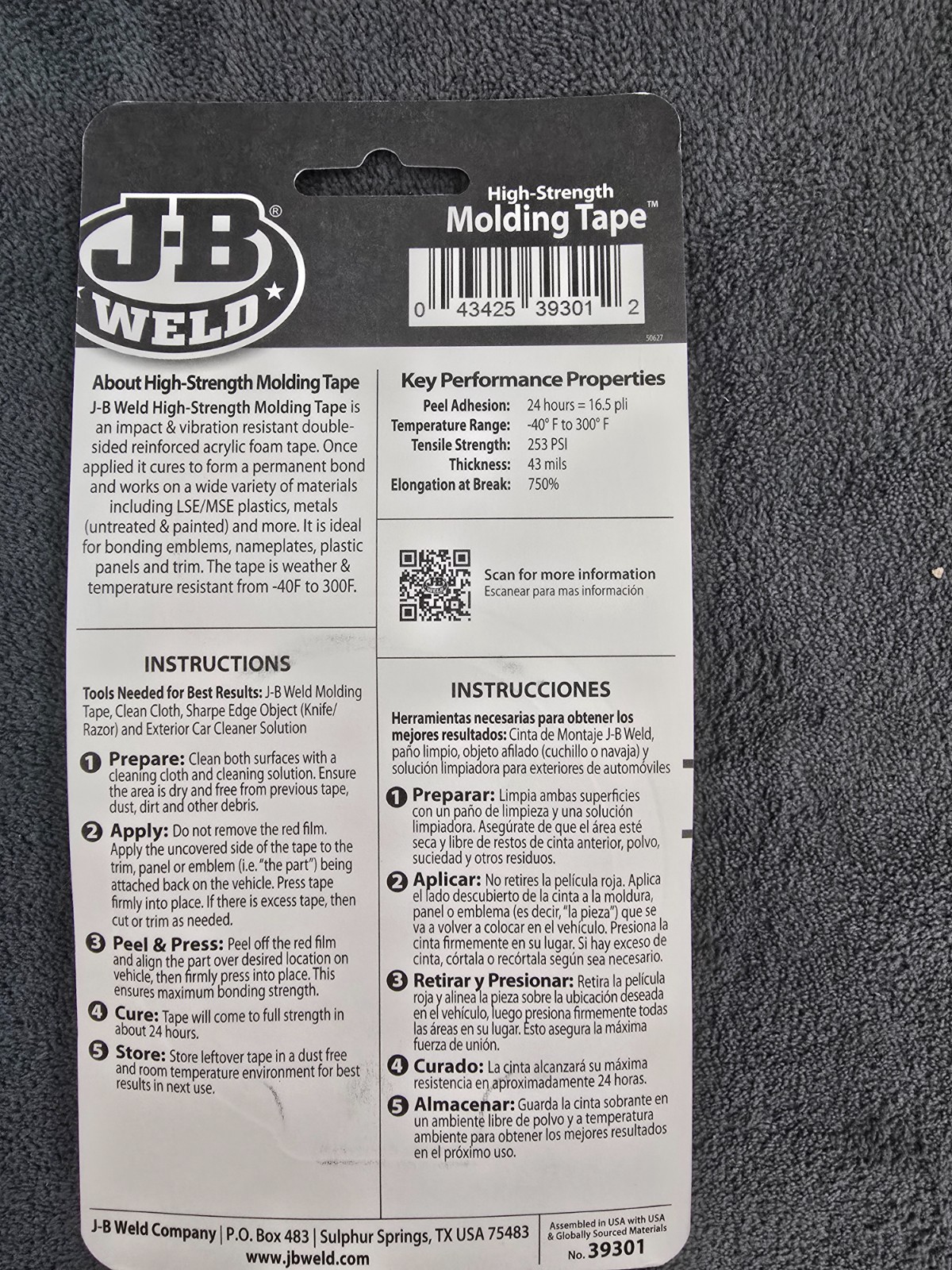 J-B Weld 7/8 in x 5 ft. High-Strength Black Molding Tape