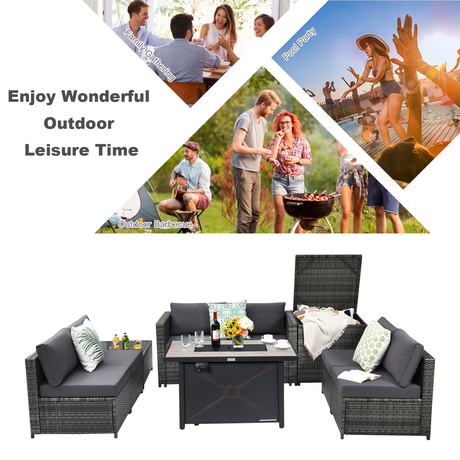 9 PCS Ratio Furniture Set w/ 42" Fire Pit Table & Coffee Table & Soft Seats Grey