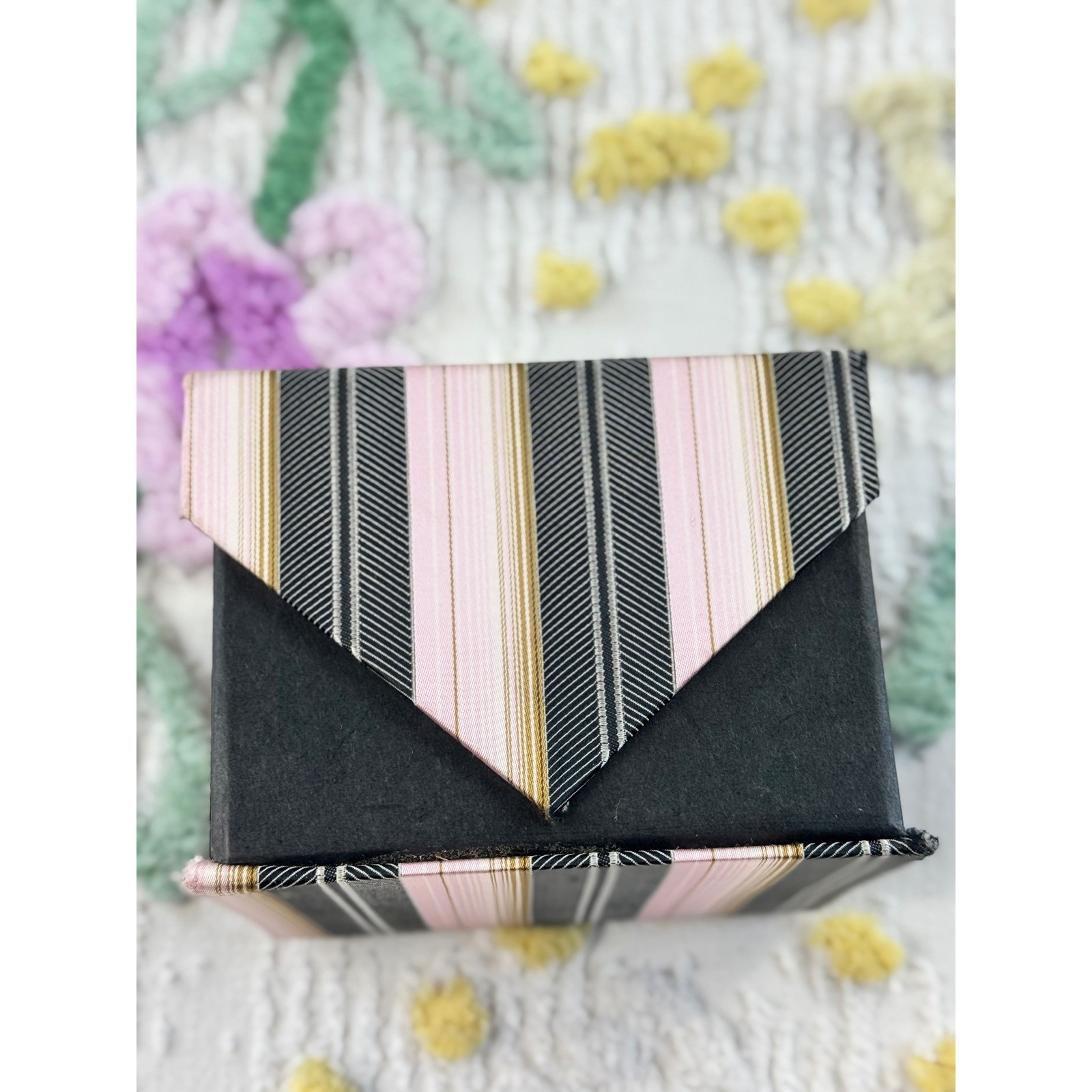 Giorgio Brutini Mens Pink Black Gold Striped 100% Silk Tie & Pocket Square Set