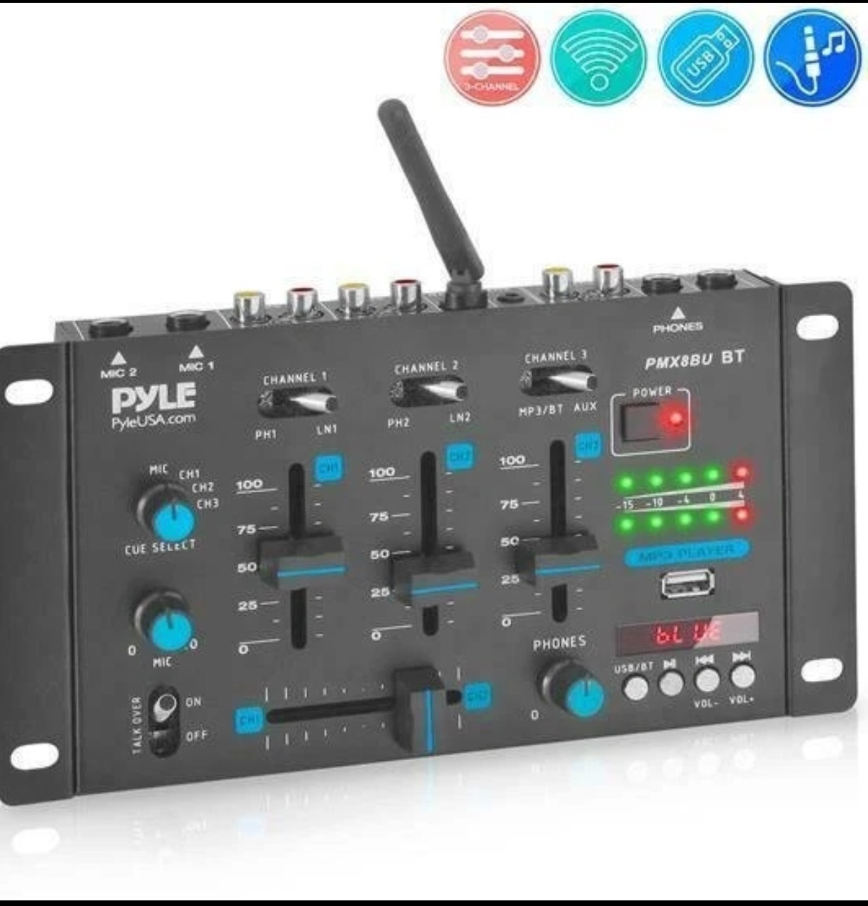 Pyle PMX8BU Professional 3-Channel Bluetooth DJ Mixer with Digital LED Display