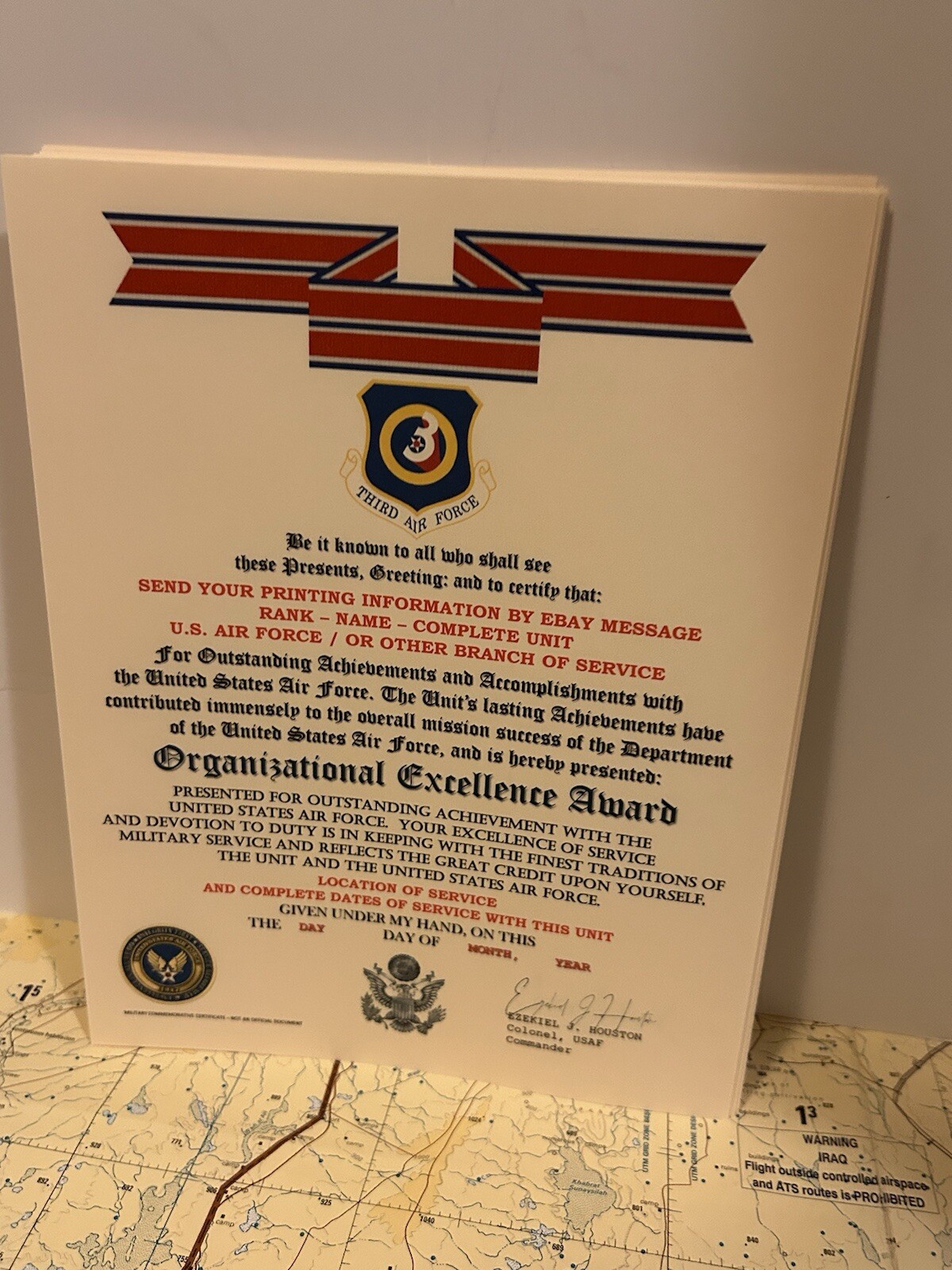 U.S. AIR FORCE / 3RD AIR FORCE - ORGANIZATIONAL EXCELLENCE AWARD CERTIFICATE