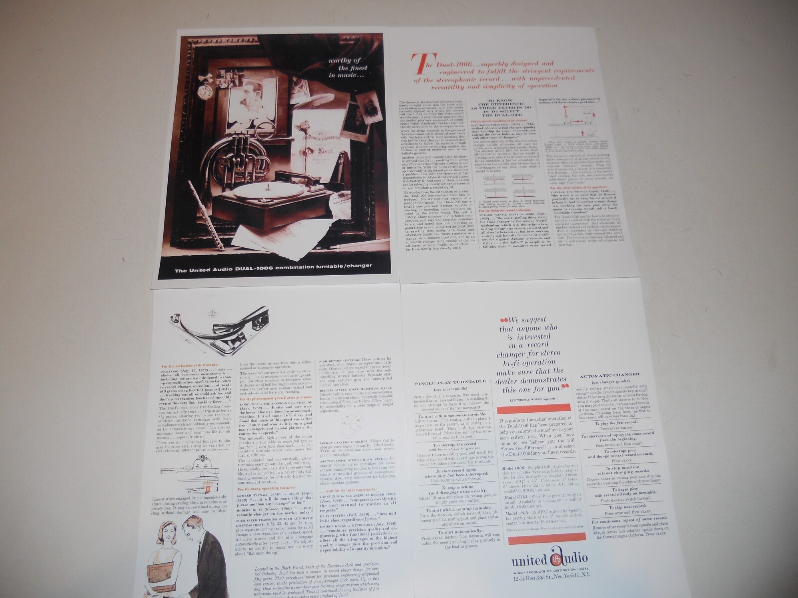 Dual 1006 Turntable Brochure 1960 4 pages, Specs, Info, Articles