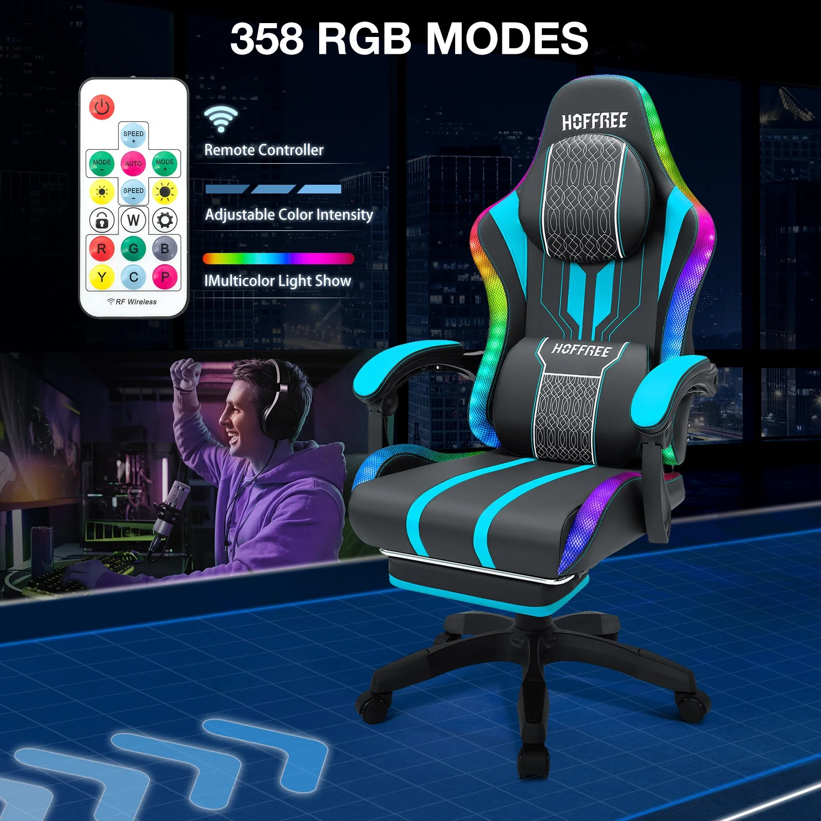 Big and Tall Gaming Chair with Speakers and RGB Lights, Gamer Chair with Footres